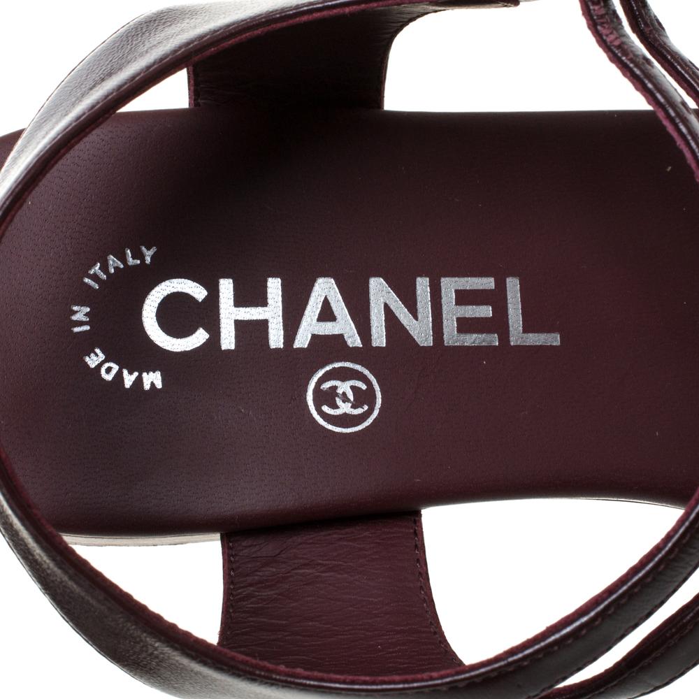 Black Chanel Burgundy Leather Camellia Thong Sandals Size 37.5