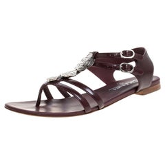 Chanel Burgundy Leather Camellia Thong Sandals Size 37.5