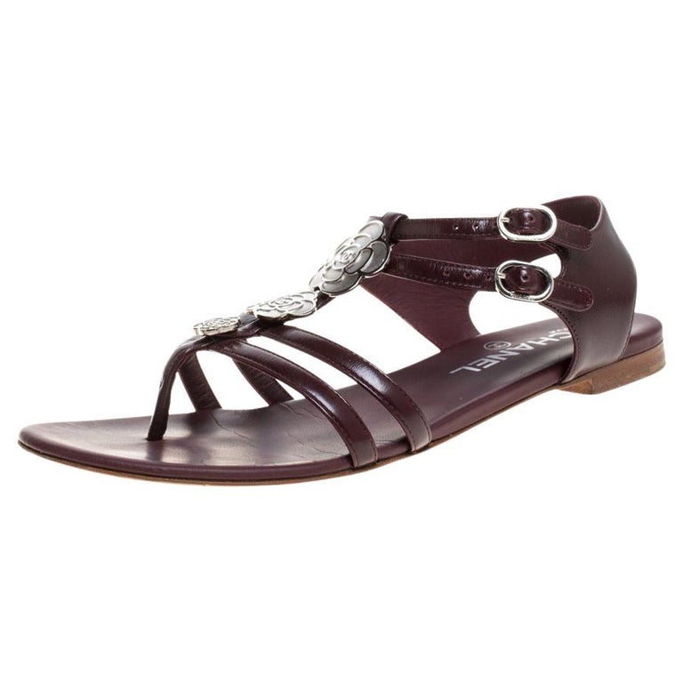 Chanel Burgundy Leather Camellia Thong Sandals Size  at 1stDibs | chanel  camellia thong sandals