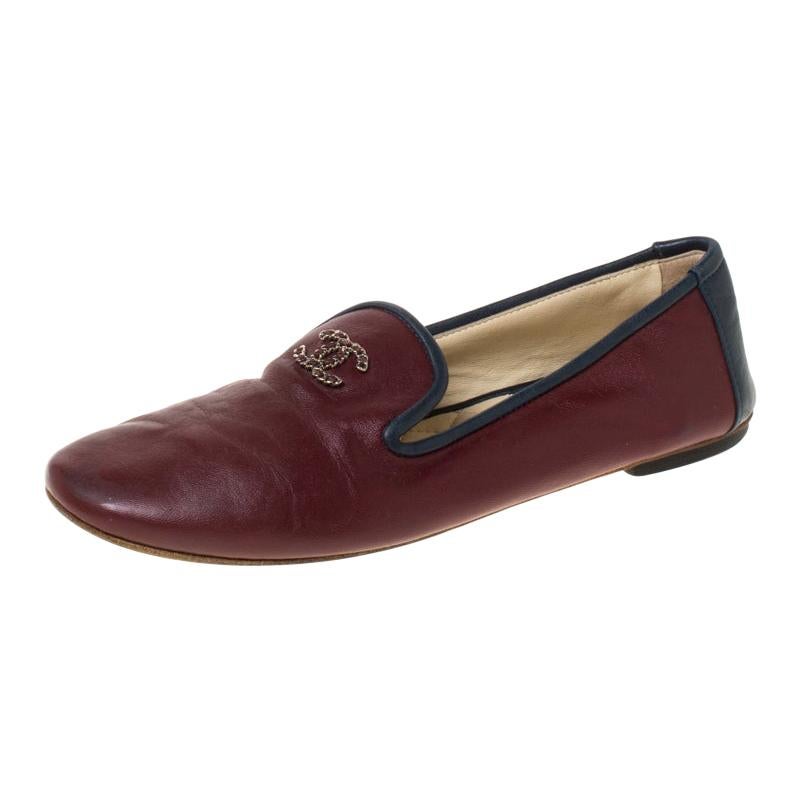 Chanel Burgundy Leather CC Slip On Loafers Size 36