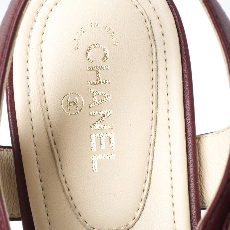 Brown Chanel Burgundy Leather Chain Ankle Strap Block Heel Sandals Size 41.5