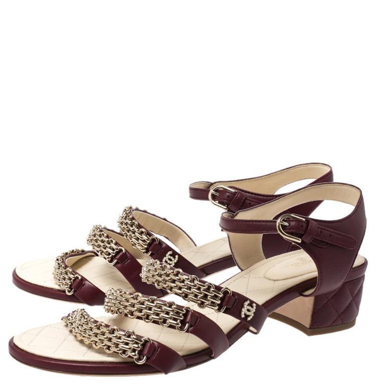 Chanel Burgundy Leather Chain Ankle Strap Block Heel Sandals Size 41.5 ...