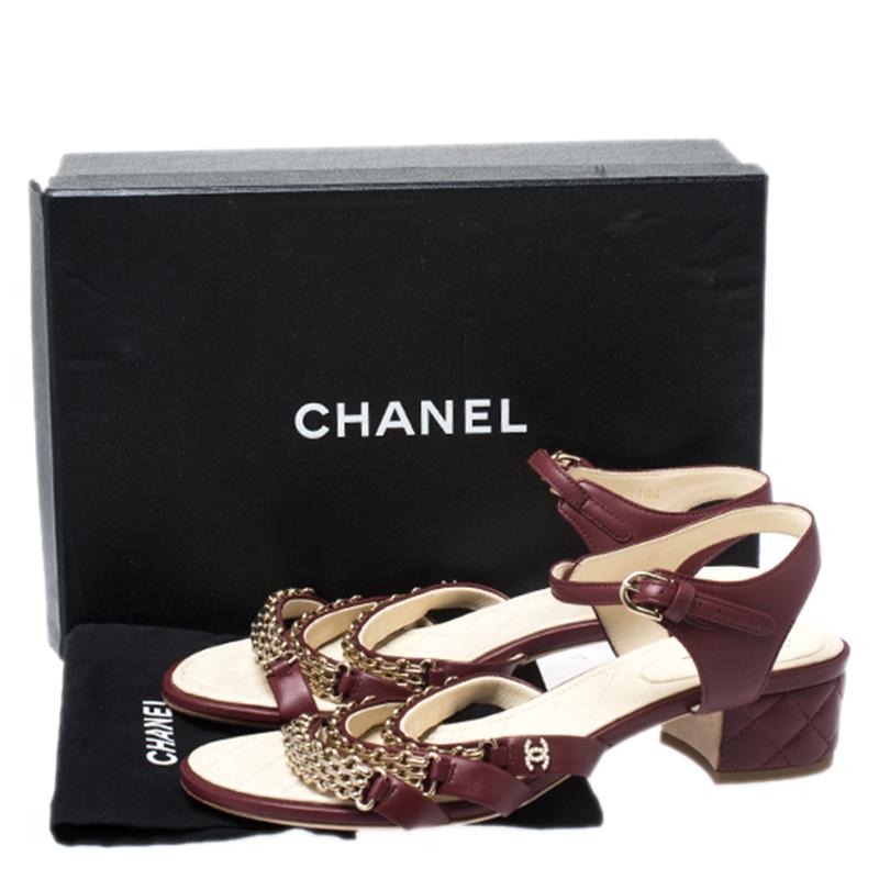  Chanel Burgundy Leather Chain Ankle Strap Block Heel Sandals Size 41.5 1