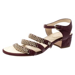 Chanel Burgundy Leather Chain Ankle Strap Block Heel Sandals Size 41.5