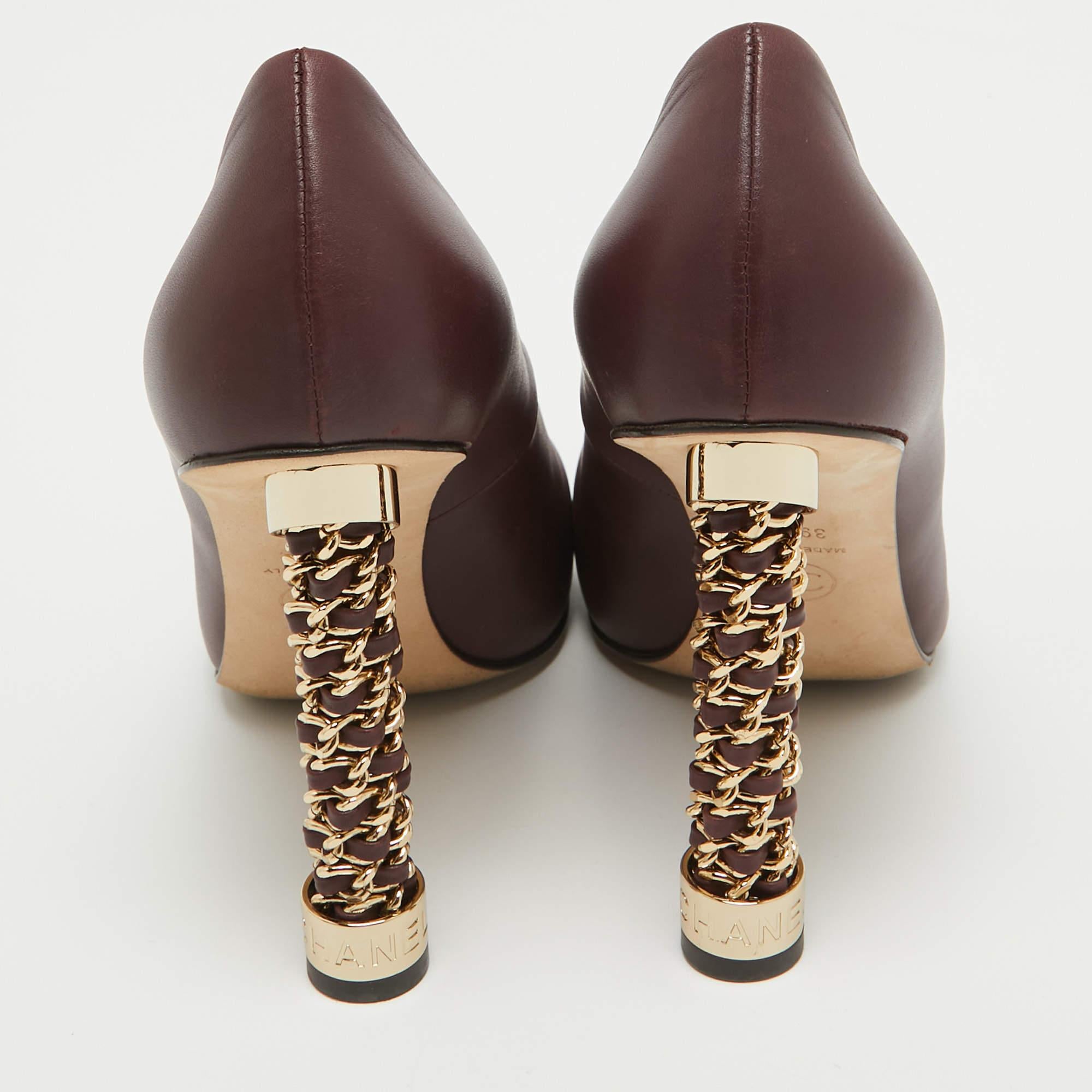 Women's Chanel Burgundy Leather Chain Detail Heel Pumps Size 39.5