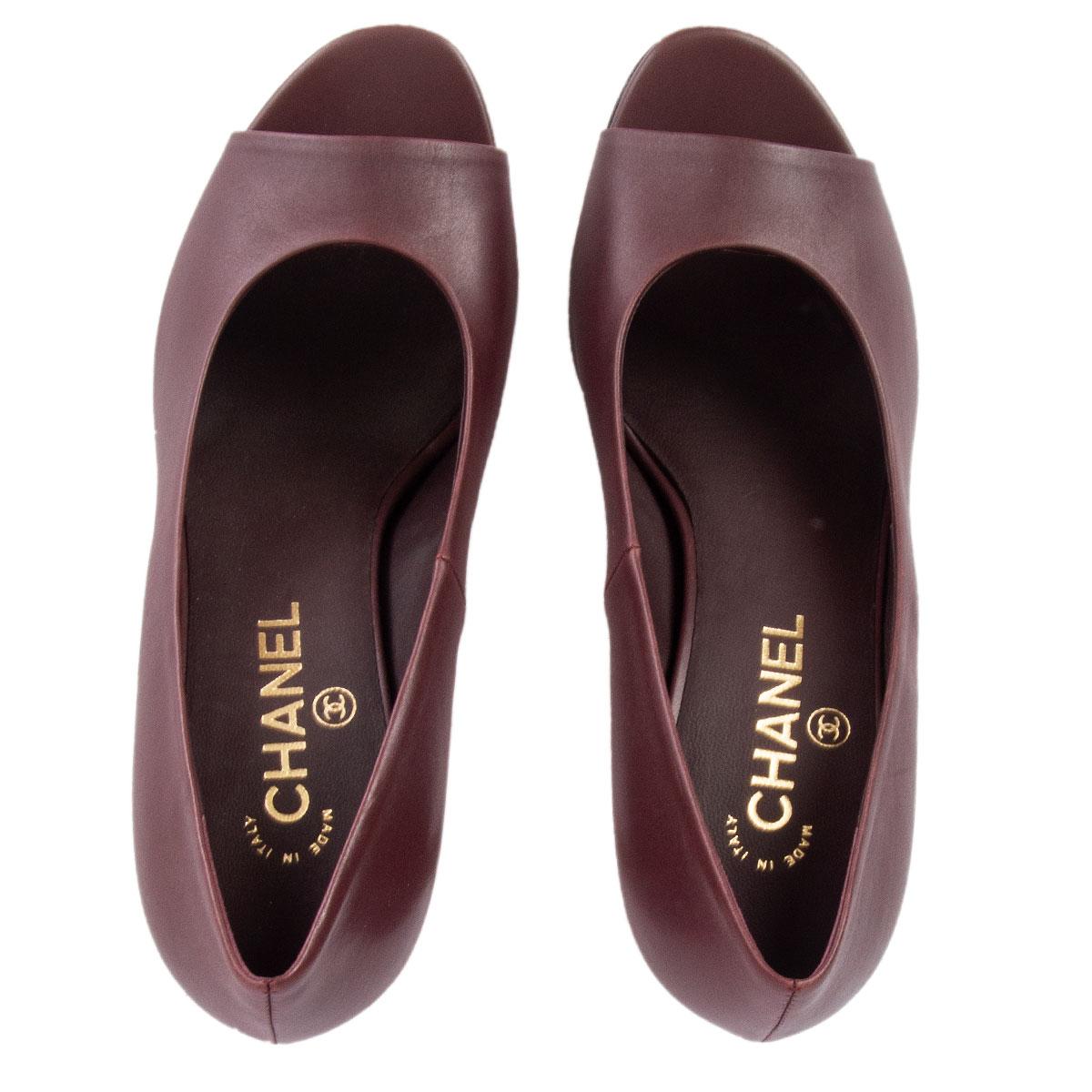Women's CHANEL burgundy leather CHAIN HEEL PEEP-TOE Pumps Shoes 38.5