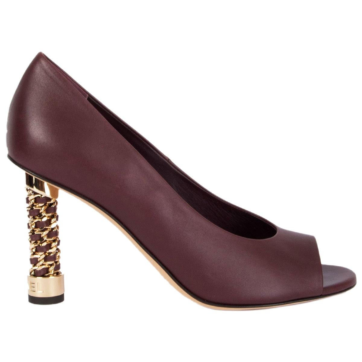 CHANEL burgundy leather CHAIN HEEL PEEP-TOE Pumps Shoes 38.5
