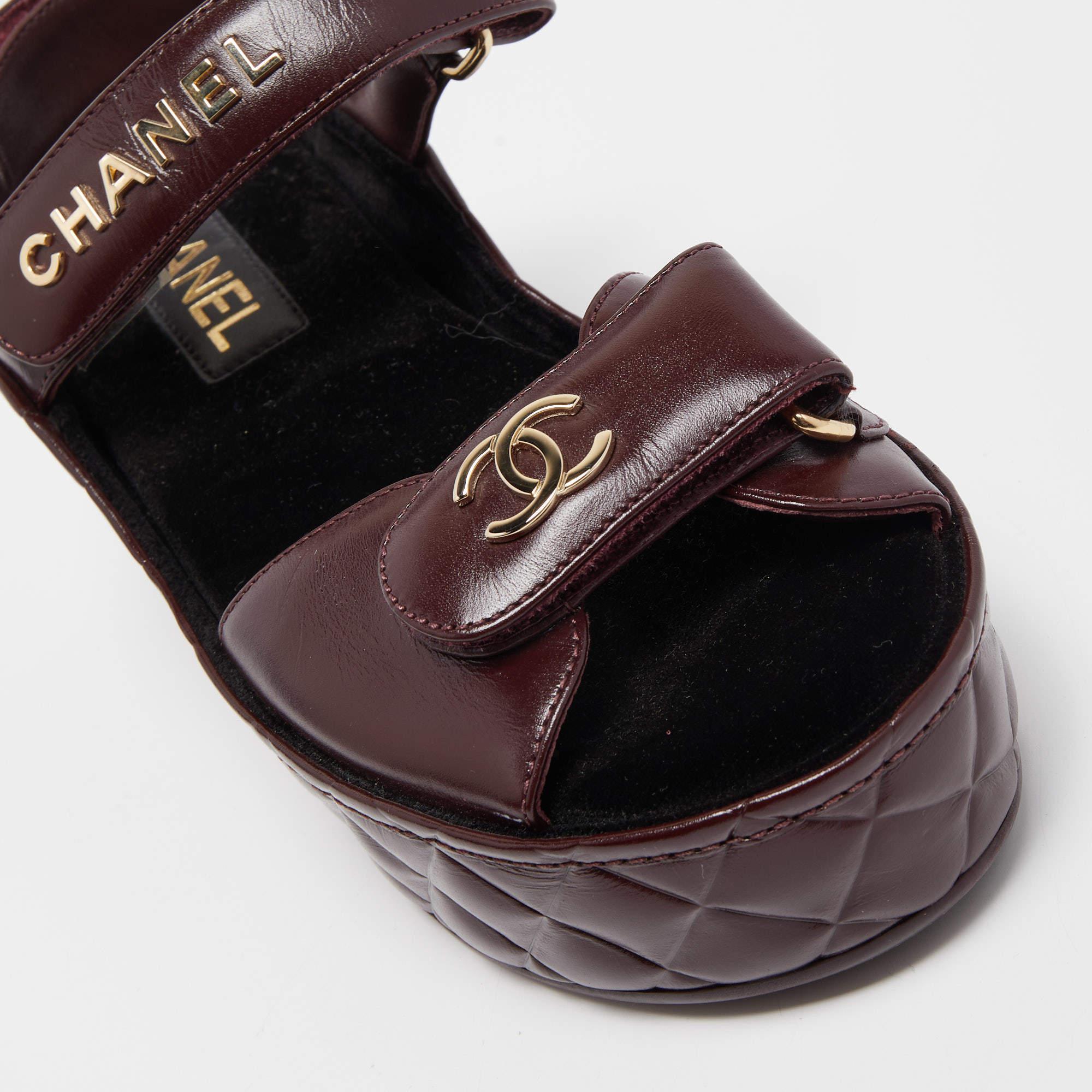 Chanel Burgundy Leather Interlocking CC Logo Sandals Size 36 1