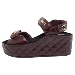 Chanel Burgundy Leather Interlocking CC Logo Sandals Size 36