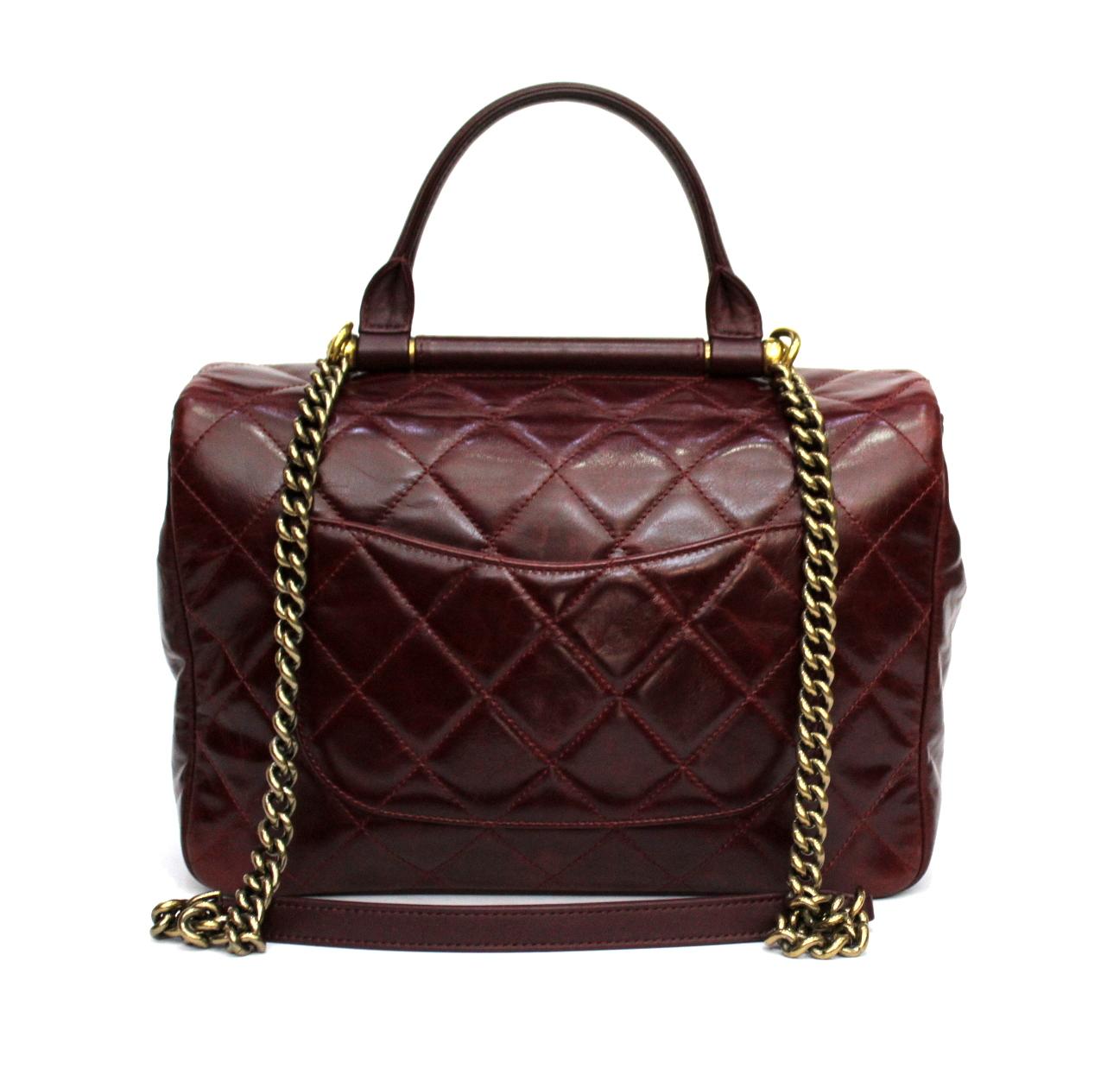 Black Chanel Burgundy Leather Shoulder Gold Bar Bag 