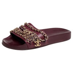 Chanel Burgundy Leather Tropiconic Chain Detail Flat Sandals Size 35