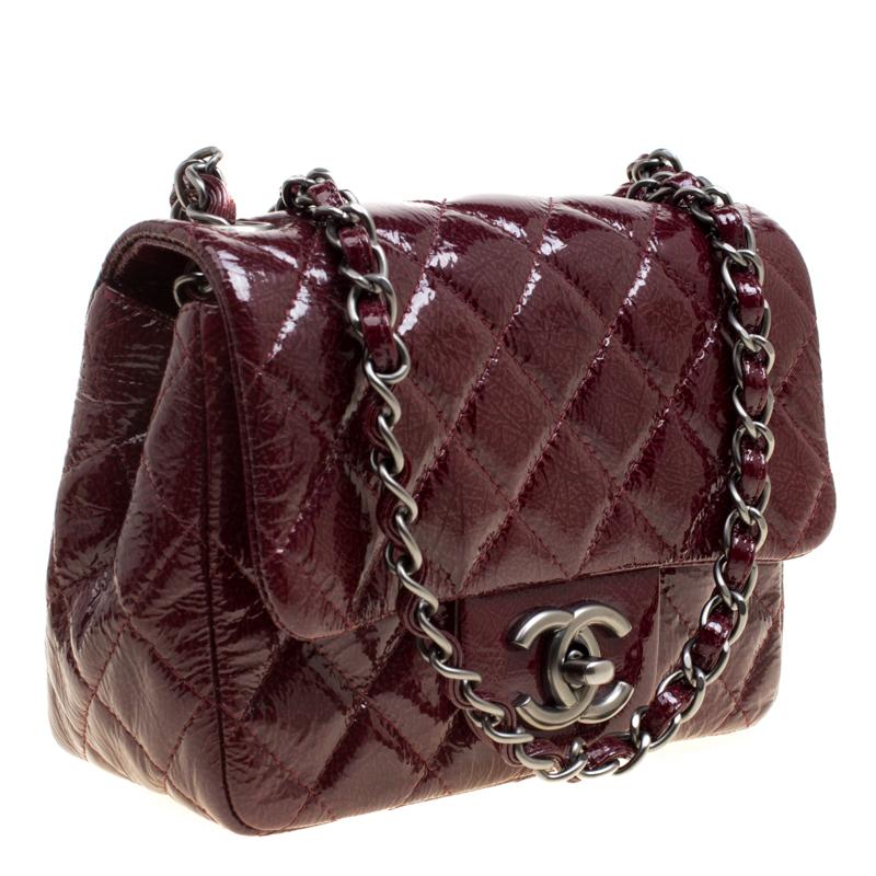 Black Chanel Burgundy Patent Textured Leather New Mini Classic Single Flap Bag