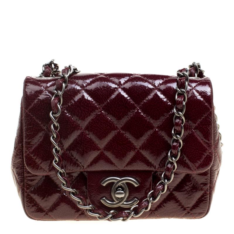 Chanel Burgundy Patent Textured Leather New Mini Classic Single Flap Bag
