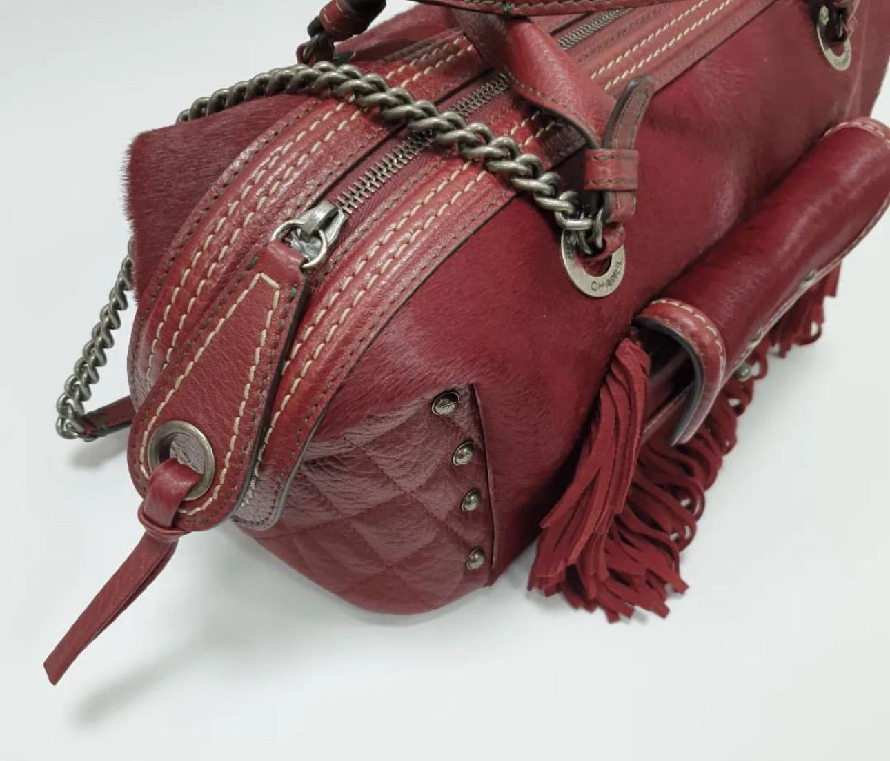 Women's Chanel Burgundy Pony Hair and Leather Fringe Paris-Dallas Bowling Bag