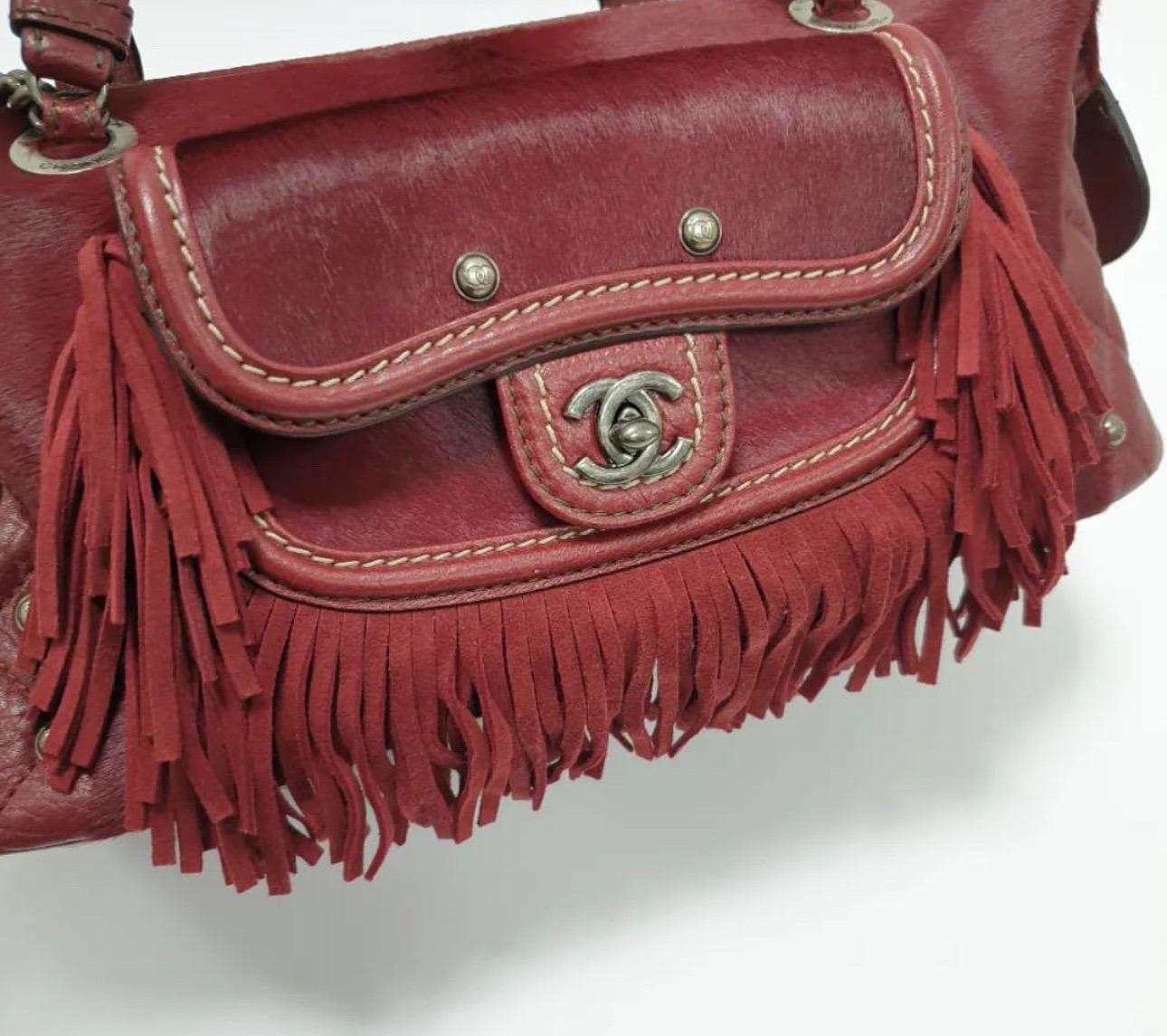 Chanel Burgundy Pony Hair and Leather Fringe Paris-Dallas Bowling Bag 1