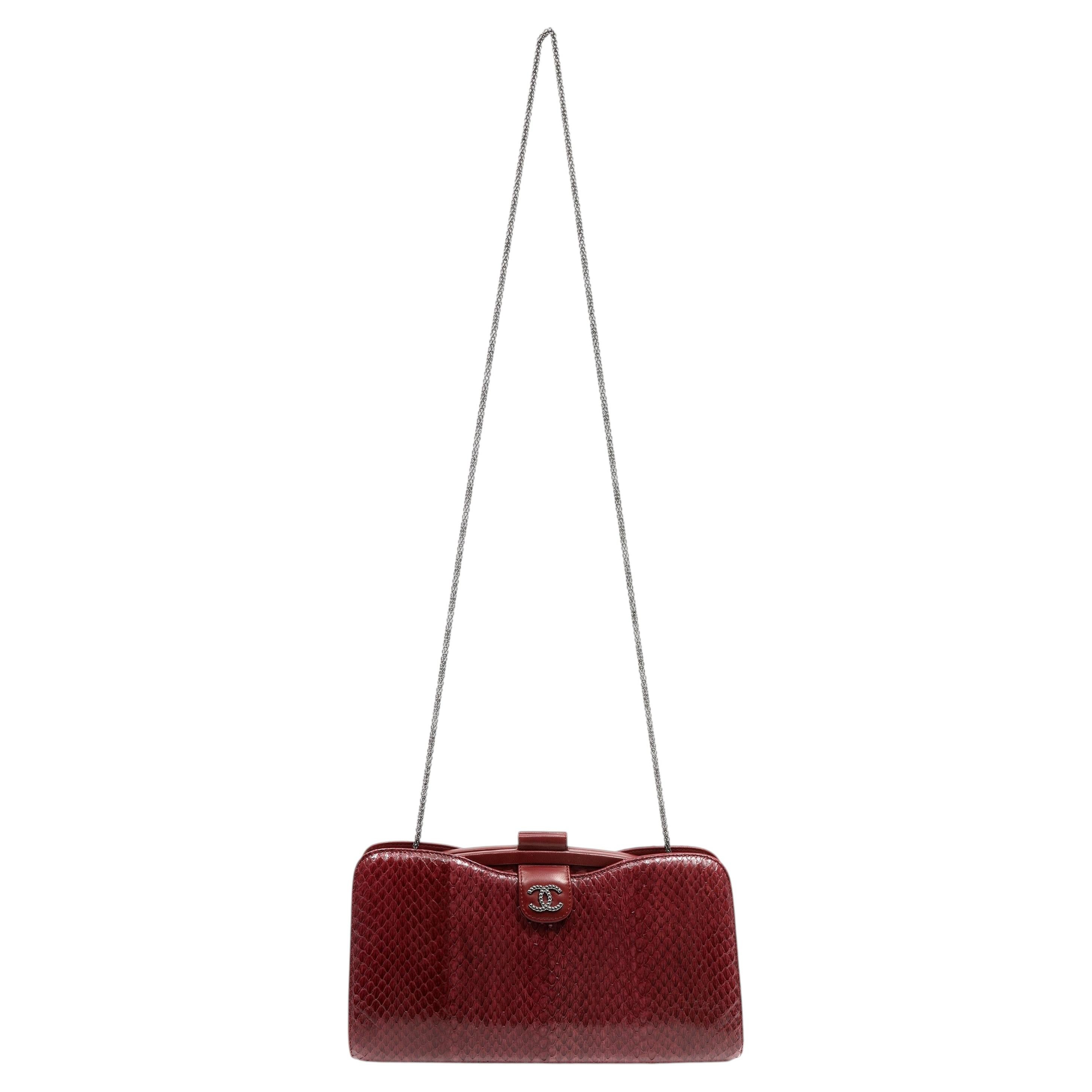 Chanel Burgundy Python Clutch with silver chain For Sale