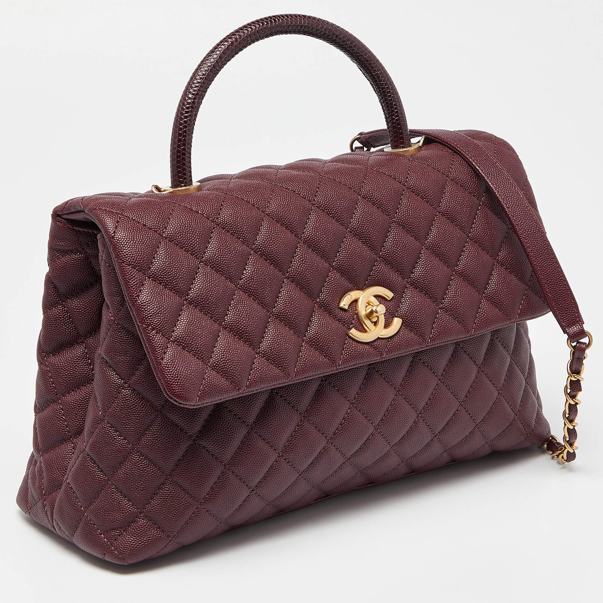 Chanel Burgundy Quilted Caviar Leather and Lizard Medium Coco Top Handle Bag In Good Condition For Sale In Dubai, Al Qouz 2