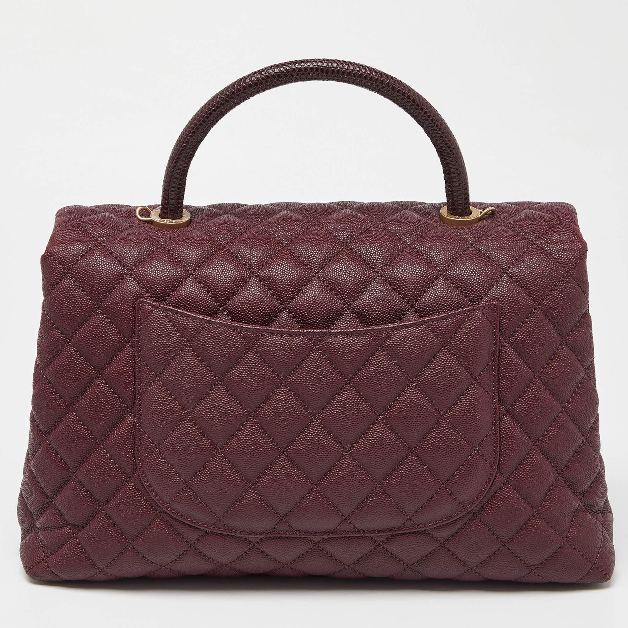 Chanel Burgundy Quilted Caviar Leather and Lizard Medium Coco Top Handle Bag For Sale 5