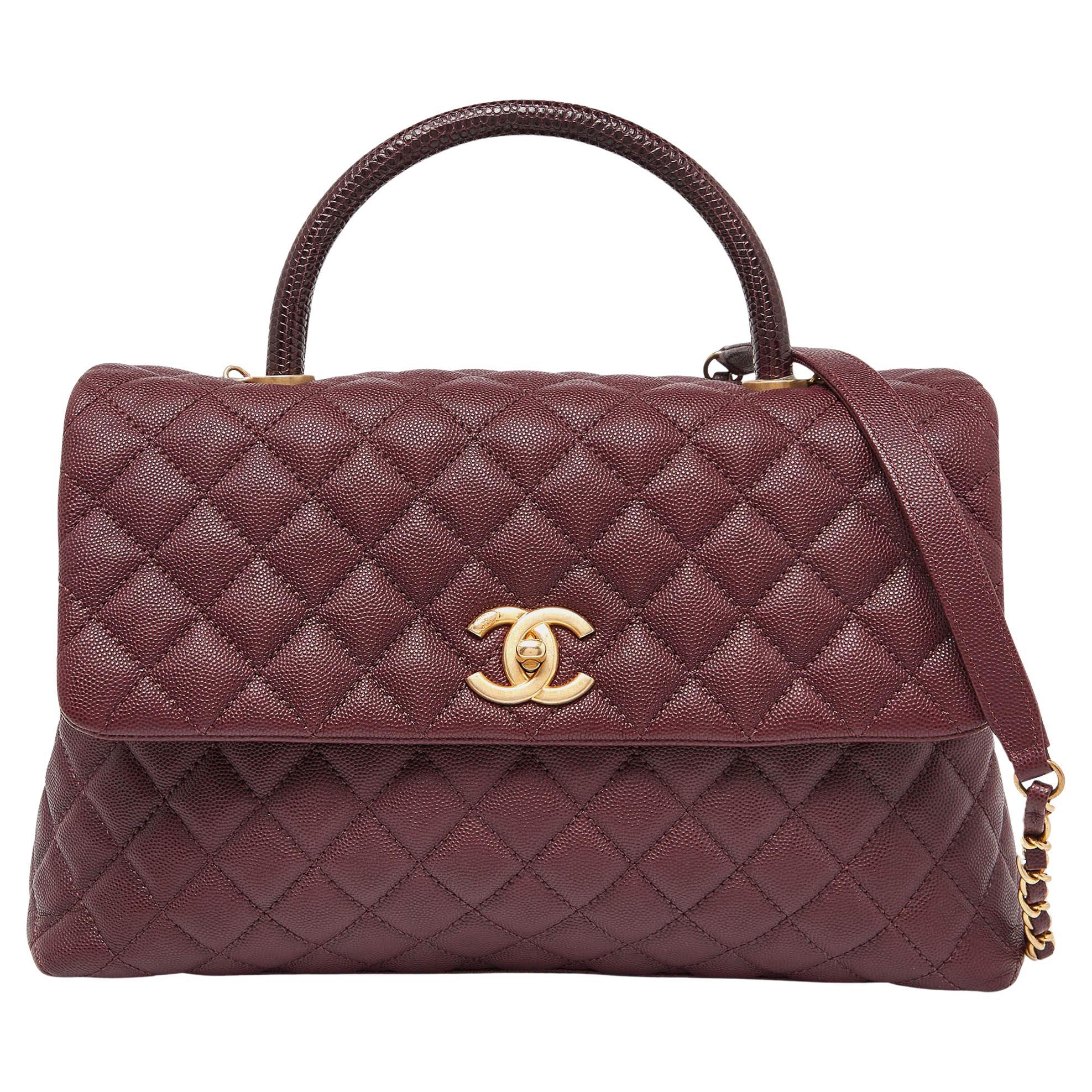 Chanel Burgundy Quilted Caviar Leather and Lizard Medium Coco Top Handle Bag For Sale
