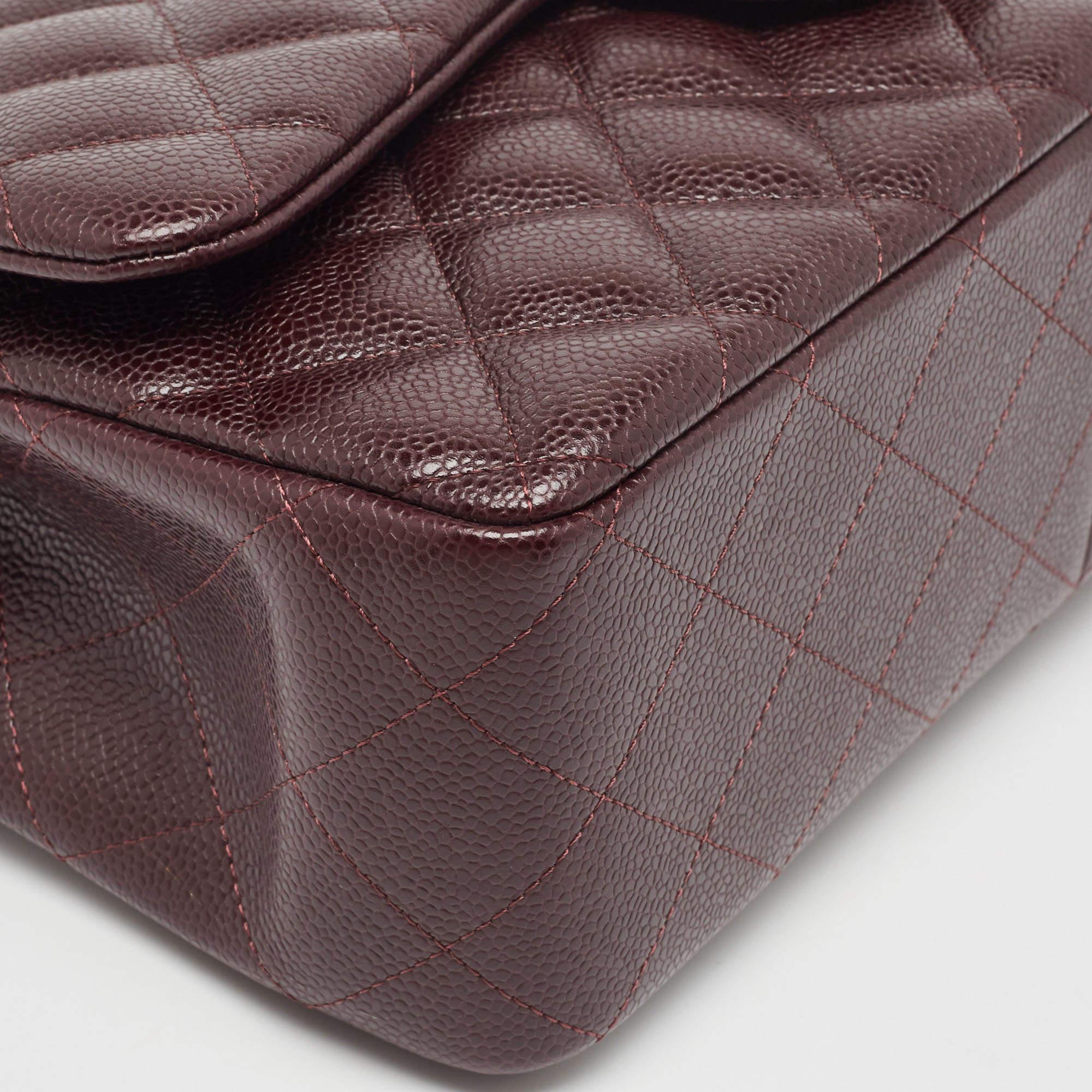 Chanel Burgundy Quilted Caviar Leather Jumbo Classic Double Flap Bag 6