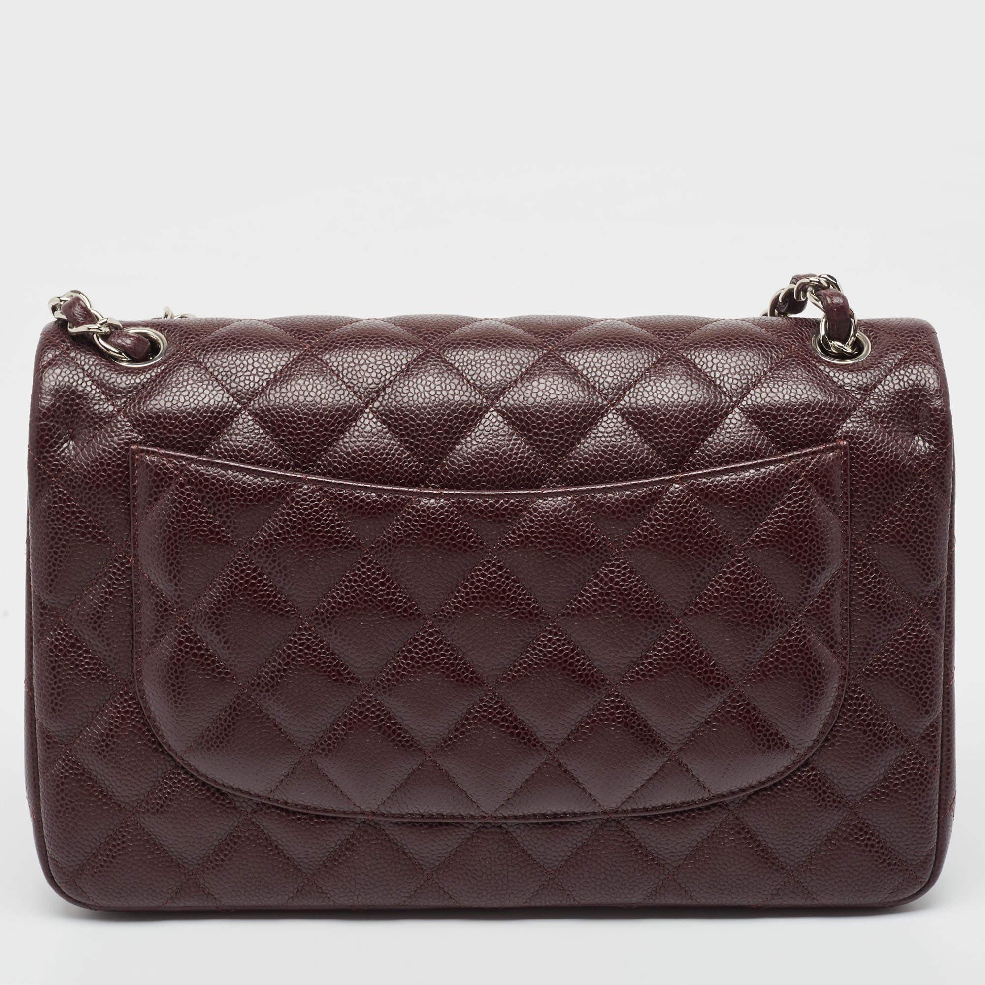 Chanel Burgundy Quilted Caviar Leather Jumbo Classic Double Flap Bag 2