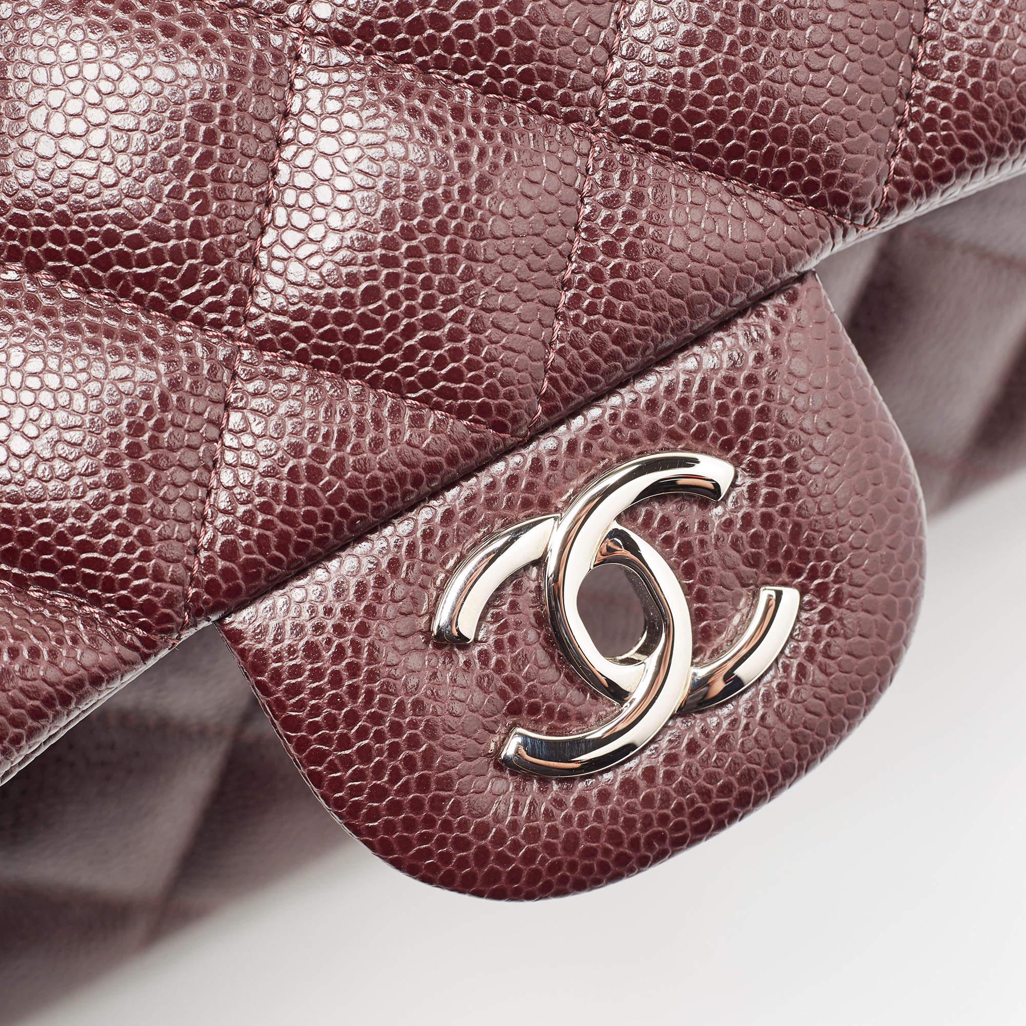Chanel Burgundy Quilted Caviar Leather Jumbo Classic Double Flap Bag 4