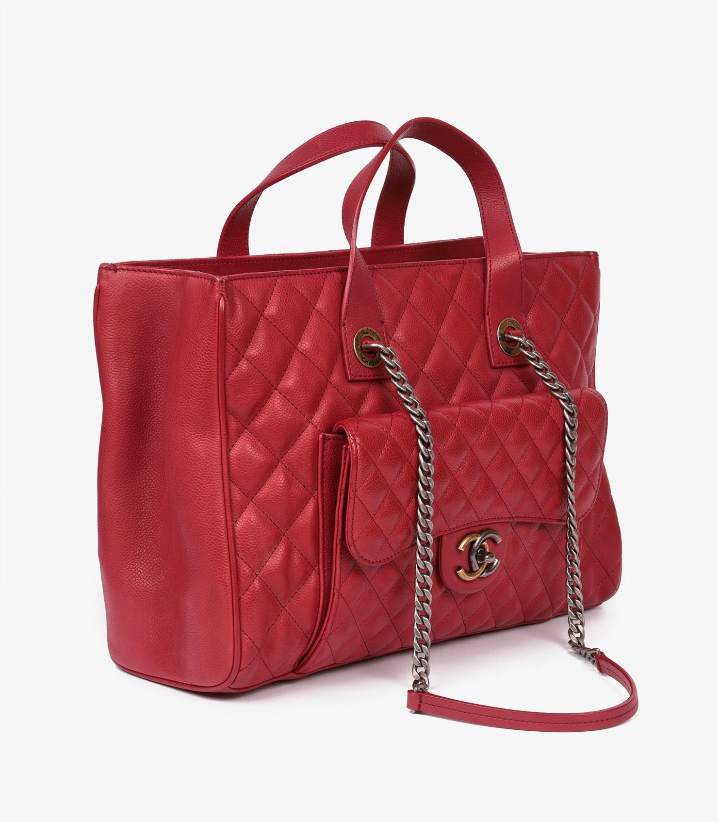 Red Chanel Burgundy Quilted Caviar Leather Large Casual Pocket Tote For Sale