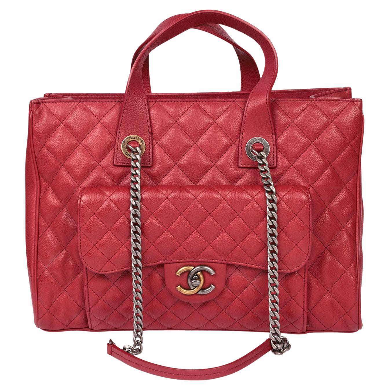 Chanel Burgundy Quilted Caviar Leather Large Casual Pocket Tote