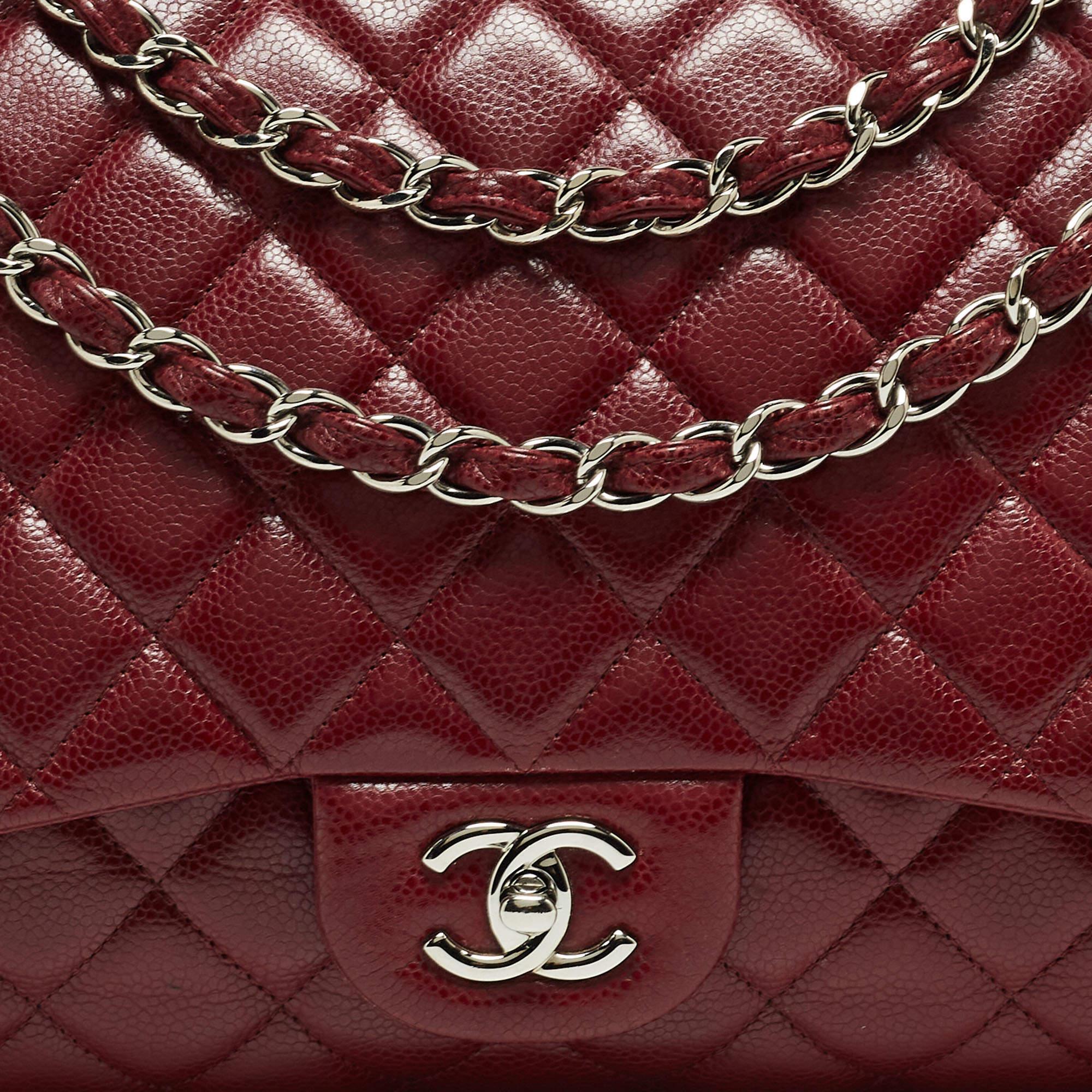 Chanel Burgundy Quilted Caviar Leather Maxi Classic Single Flap Bag For Sale 9