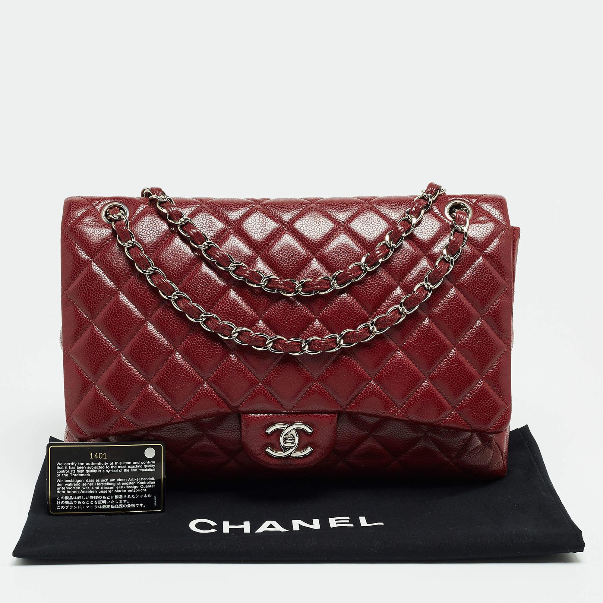 Chanel Burgundy Quilted Caviar Leather Maxi Classic Single Flap Bag For Sale 11