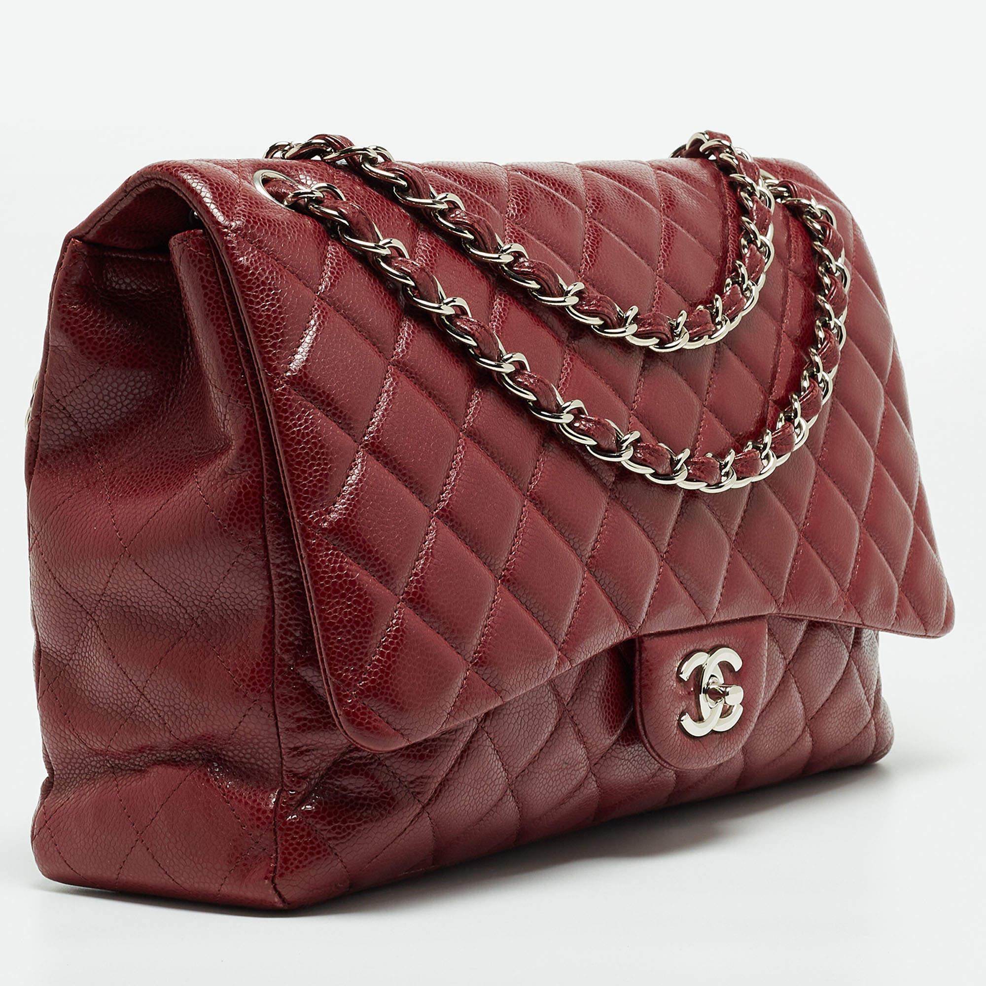 Women's Chanel Burgundy Quilted Caviar Leather Maxi Classic Single Flap Bag For Sale