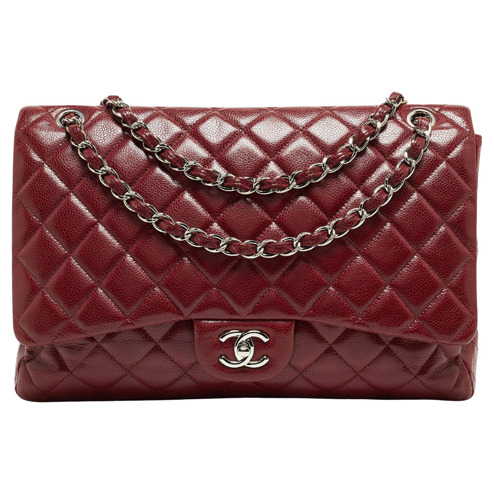 Chanel Burgundy Quilted Caviar Leather Maxi Classic Single Flap Bag For Sale