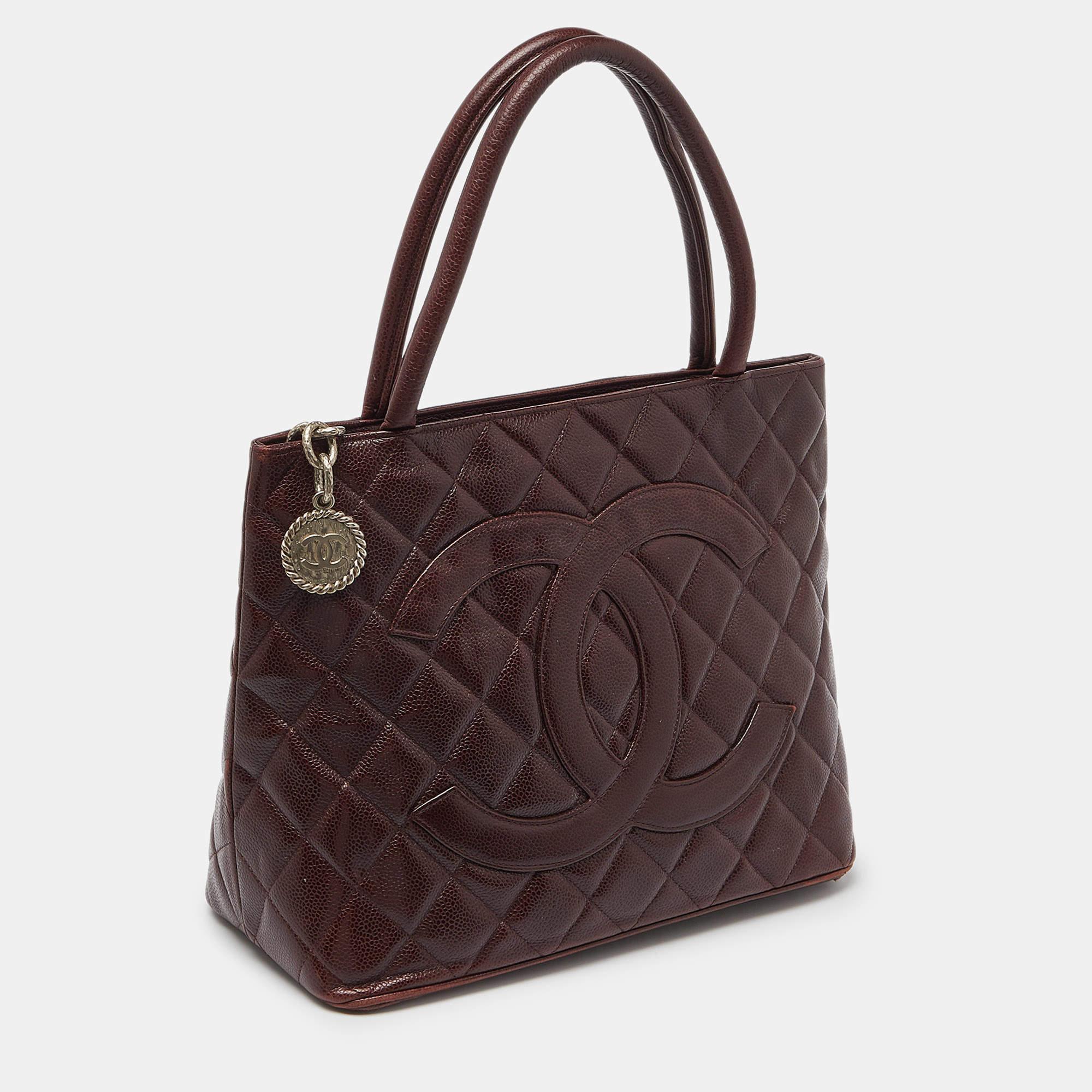 Black Chanel Burgundy Quilted Caviar Leather Medallion Tote