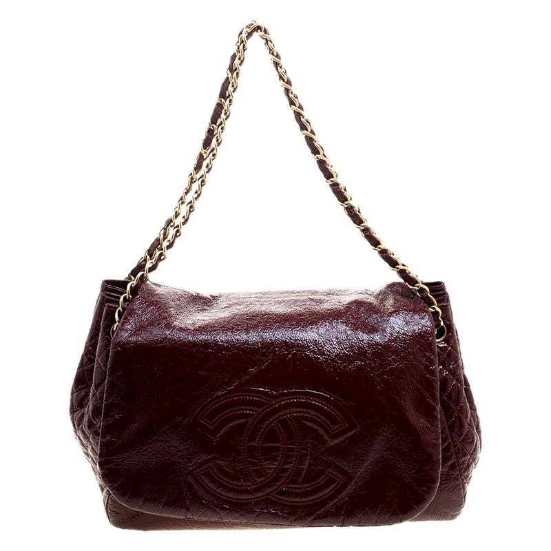 Chanel Burgundy Quilted Detail Patent Leather Timeless Accordion Flap Bag