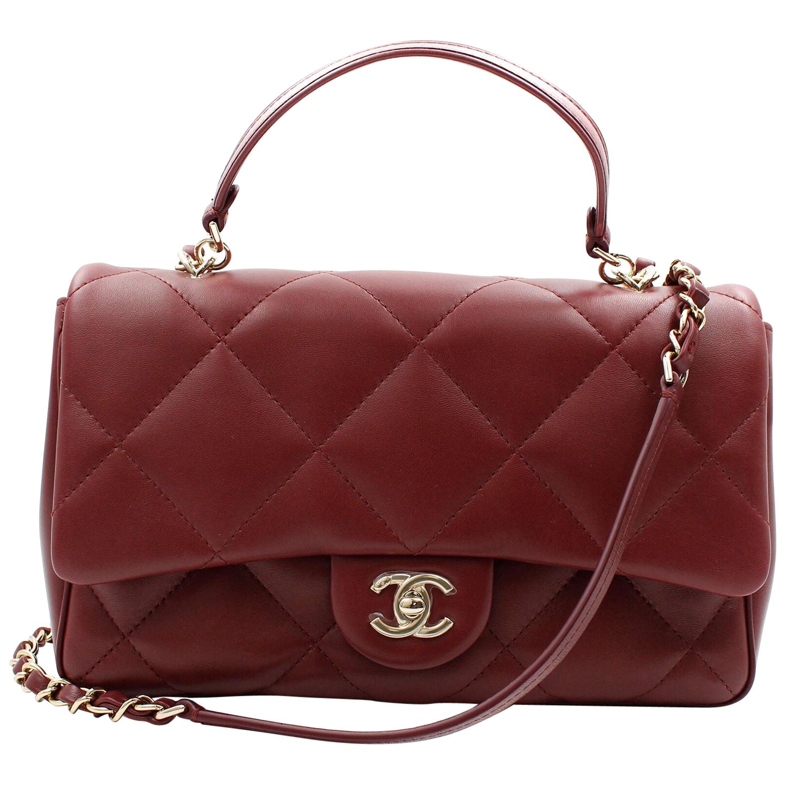 Chanel Burgundy Quilted Lambskin Gold Tone Metal Medium Flap Bag