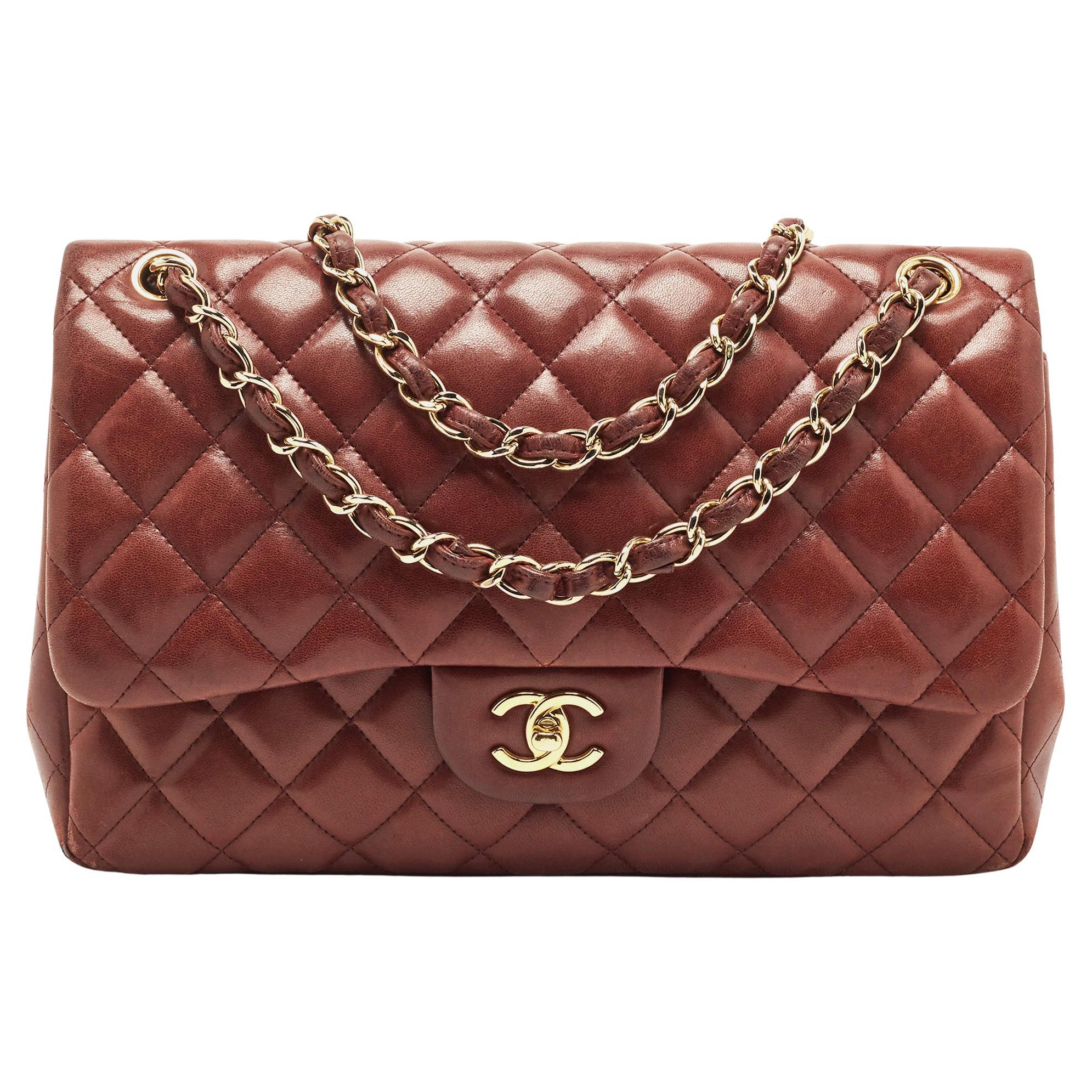 Chanel Burgundy Quilted Lambskin Leather Jumbo Classic Double Flap Bag at  1stDibs
