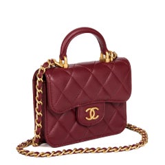 CHANEL Burgundy Quilted Lambskin Leather Top Handle Mini Card Holder