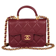 CHANEL Burgundy Quilted Lambskin Leather Top Handle Mini Card Holder
