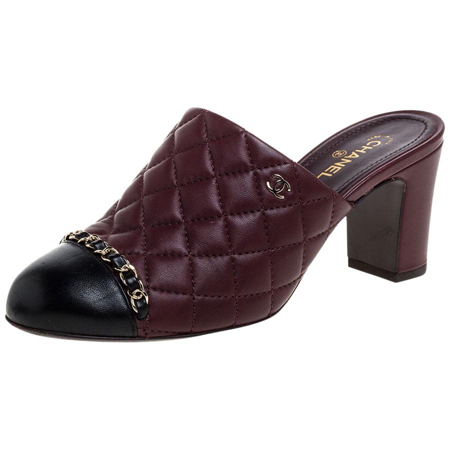 Chanel Burgundy Quilted Leather Chain Link Mule Sandals Size 37.5
