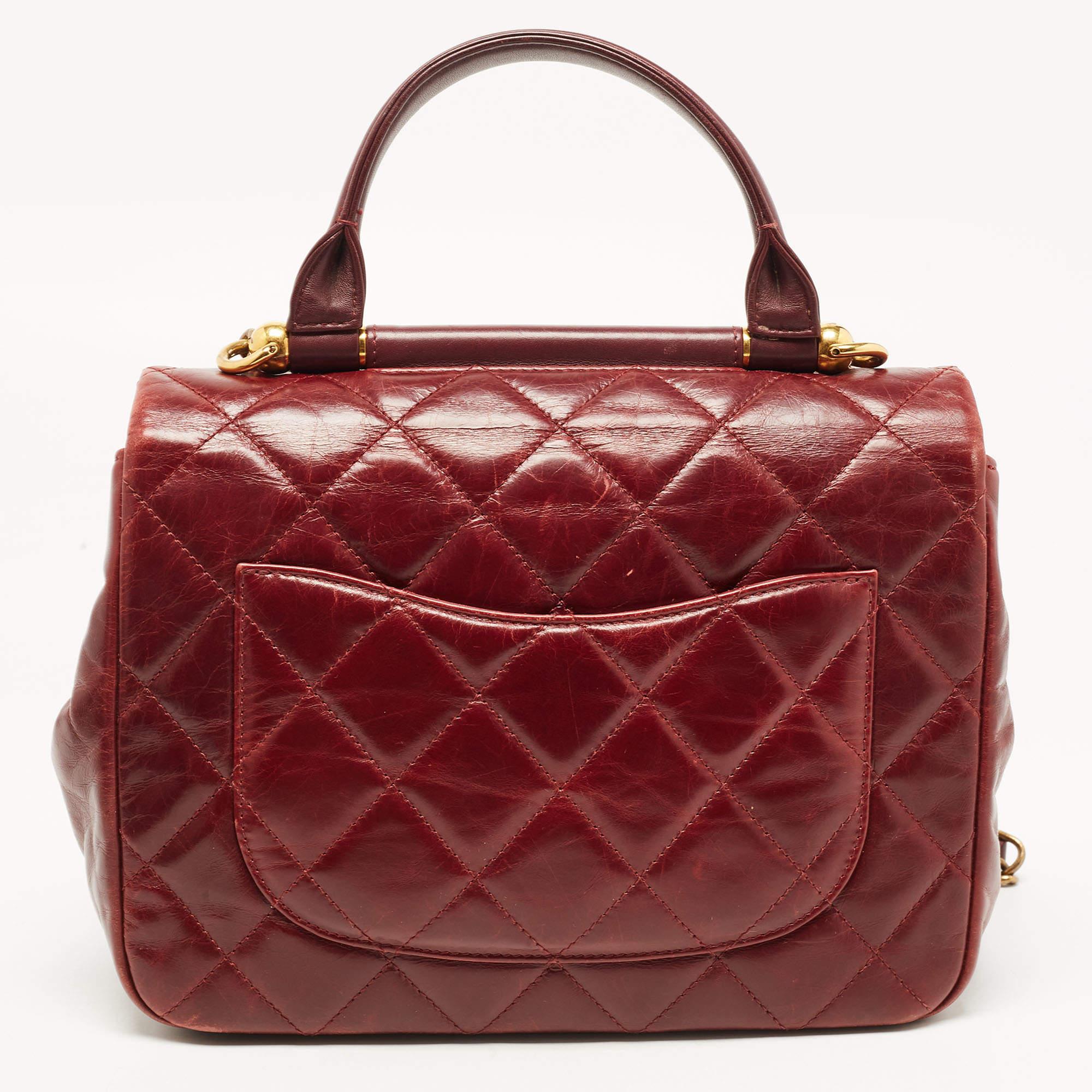 Chanel Burgundy Quilted Leather Gold Bar Top Handle Bag 6