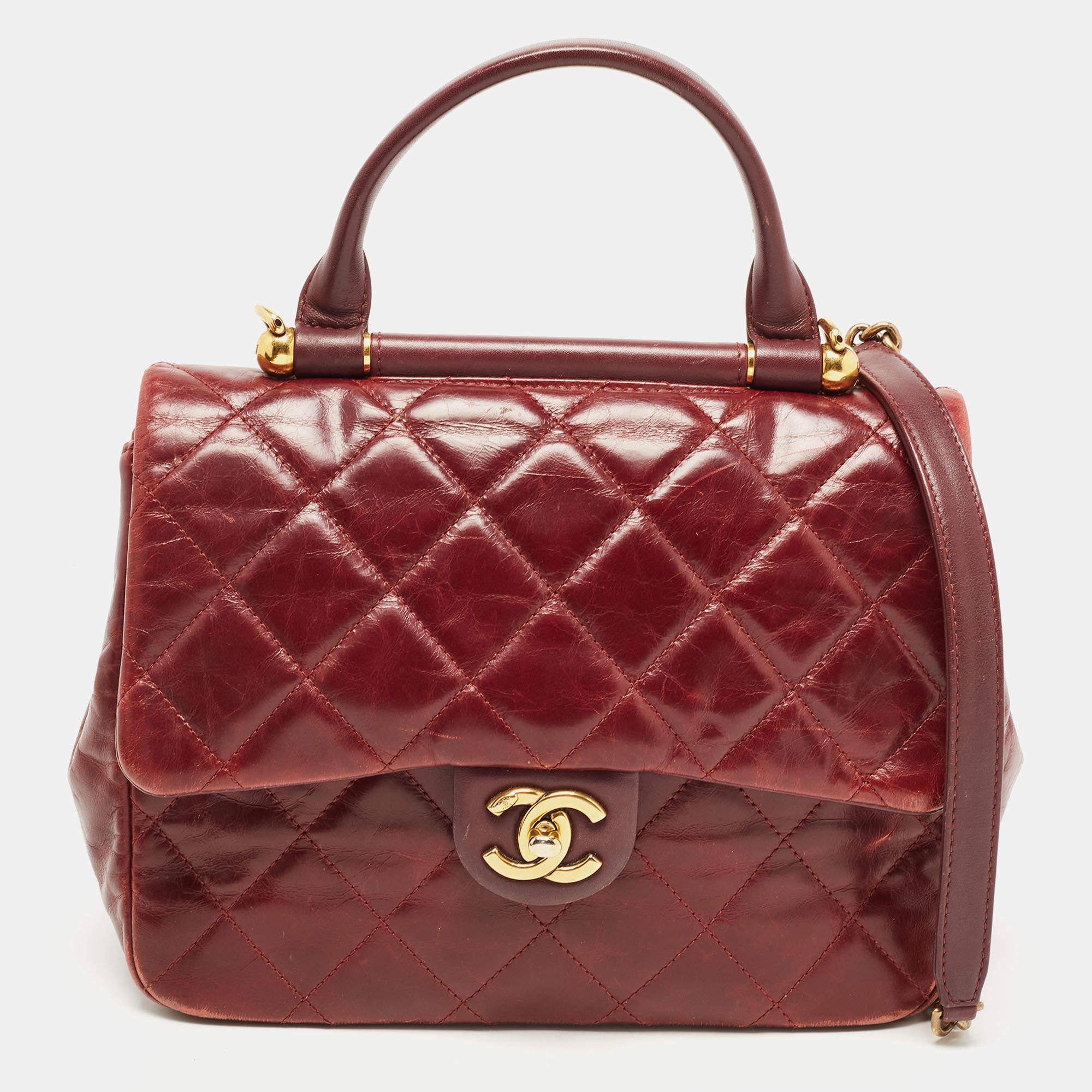 Chanel Burgundy Quilted Leather Gold Bar Top Handle Bag 9