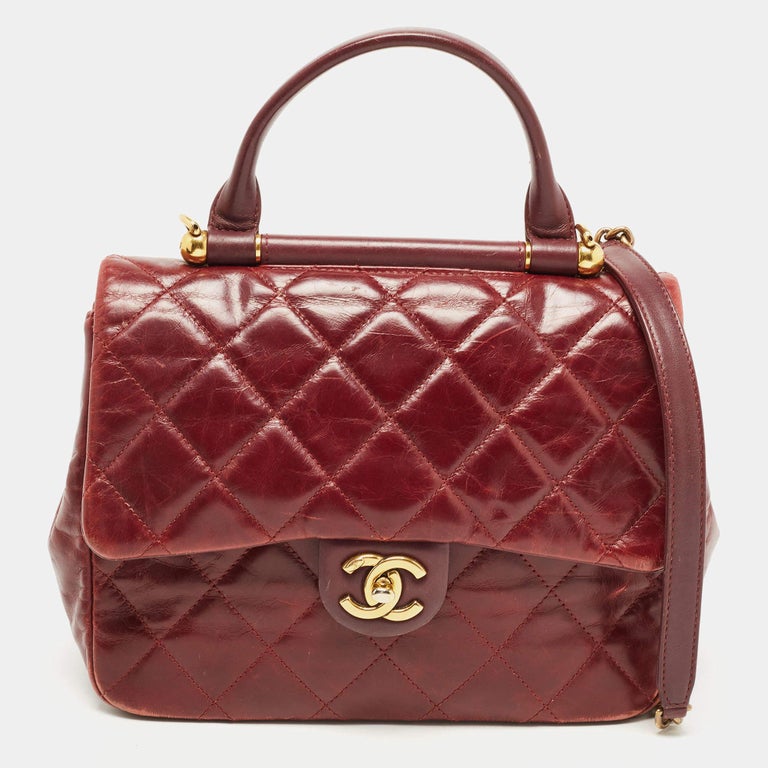 Chanel Burgundy Quilted Leather Gold Bar Top Handle Bag For Sale at 1stDibs