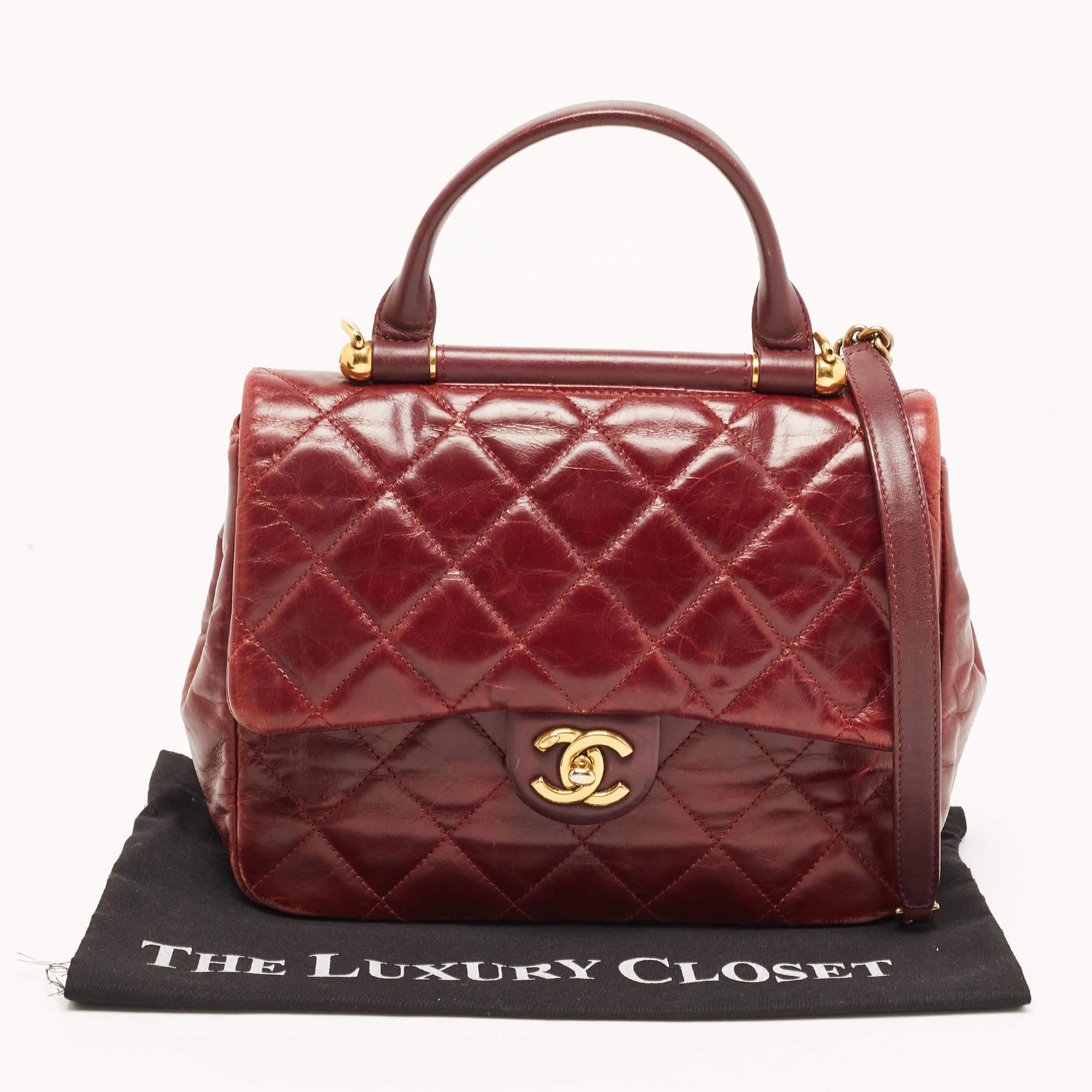 Chanel Burgundy Quilted Leather Gold Bar Top Handle Bag 10