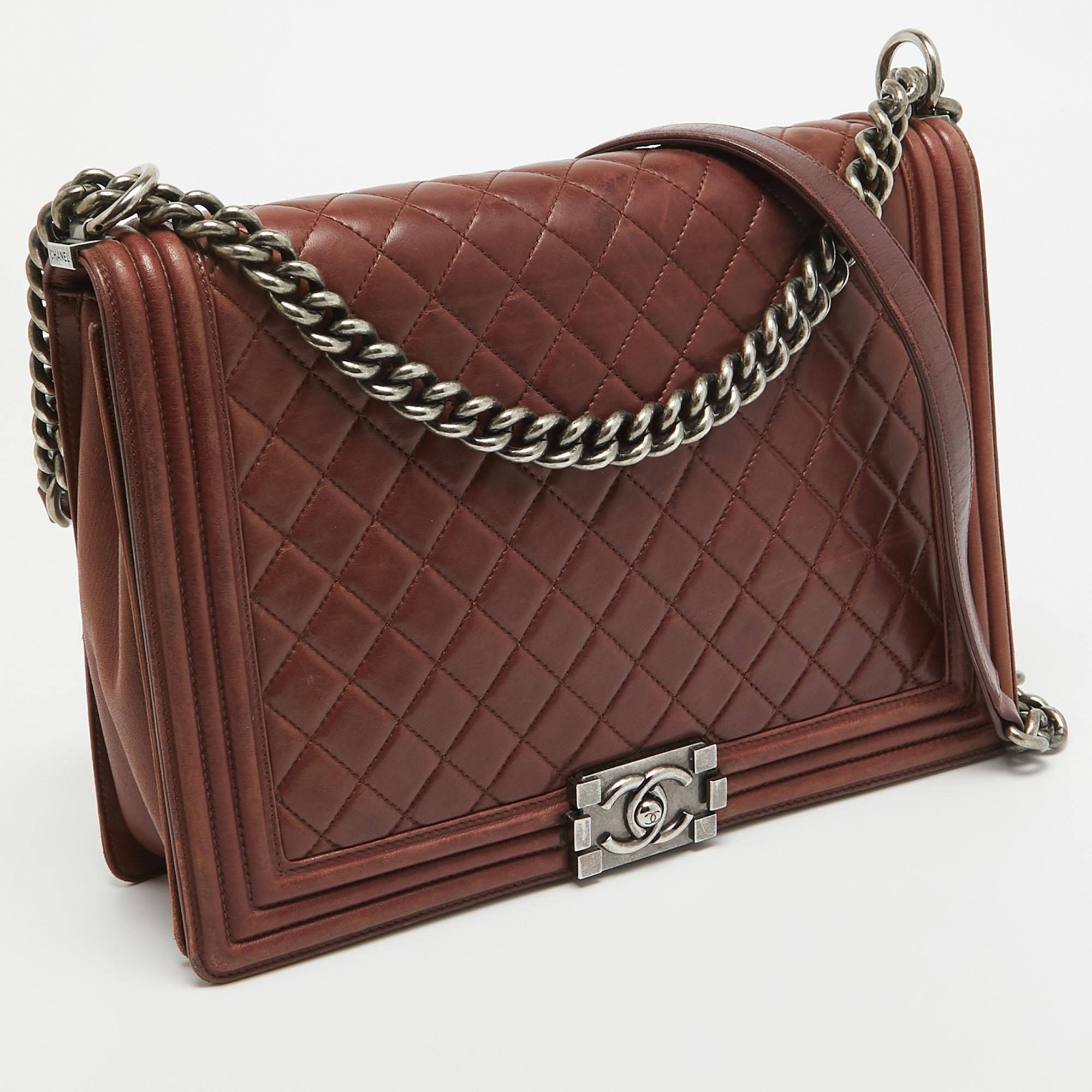 Brown Chanel Burgundy Quilted Leather Large Boy Bag For Sale