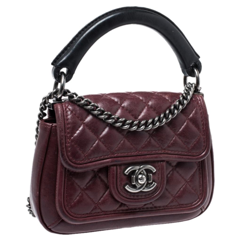 Chanel Burgundy Quilted Leather Mini Top Handle Flap Shoulder Bag In Good Condition In Dubai, Al Qouz 2