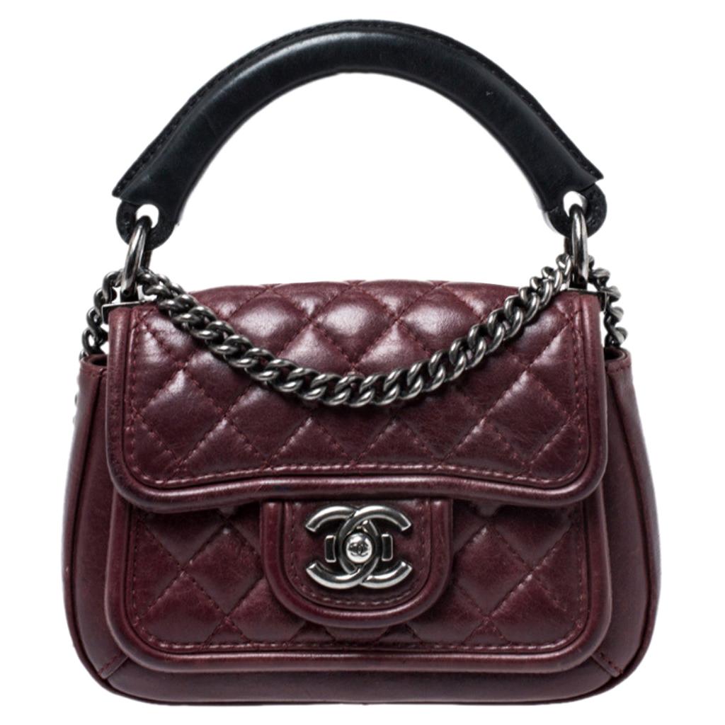 Chanel Burgundy Quilted Leather Mini Top Handle Flap Shoulder Bag