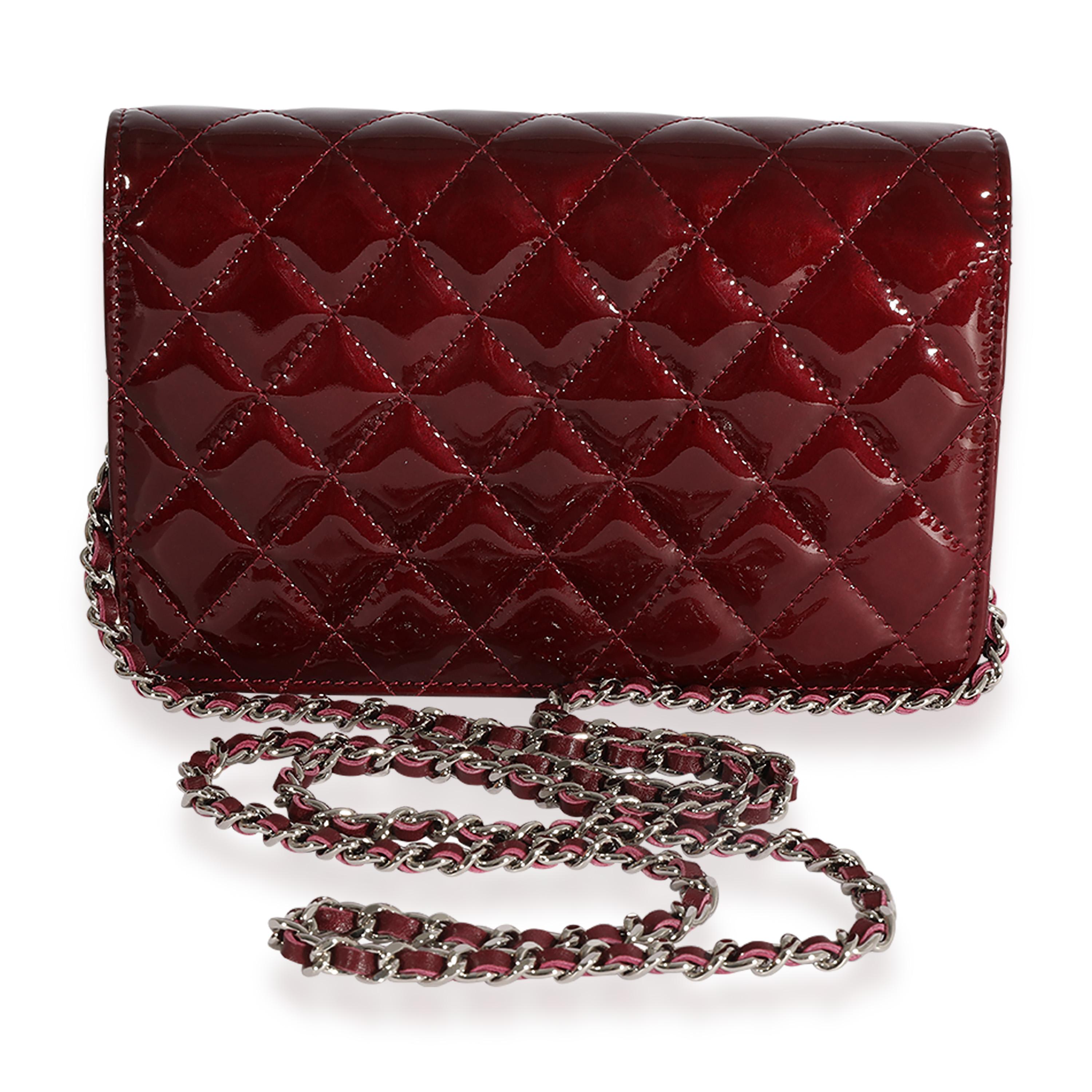 Black Chanel Burgundy Quilted Patent Leather Brilliant Wallet On Chain