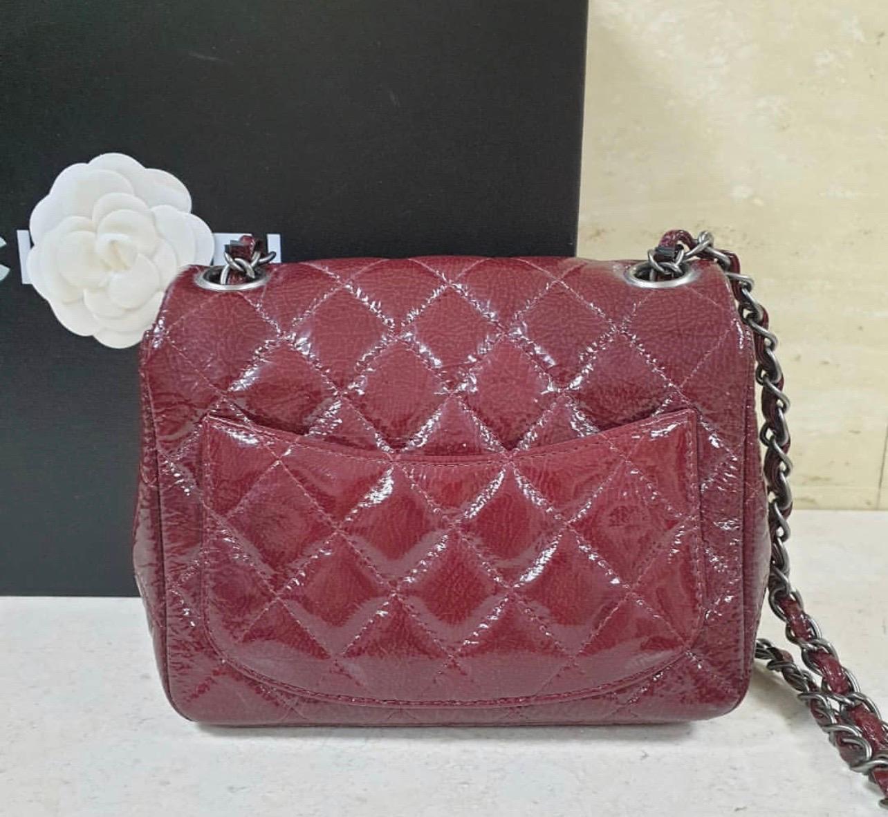 Brown Chanel Burgundy Quilted Patent Leather Classic Square Mini Flap Bag