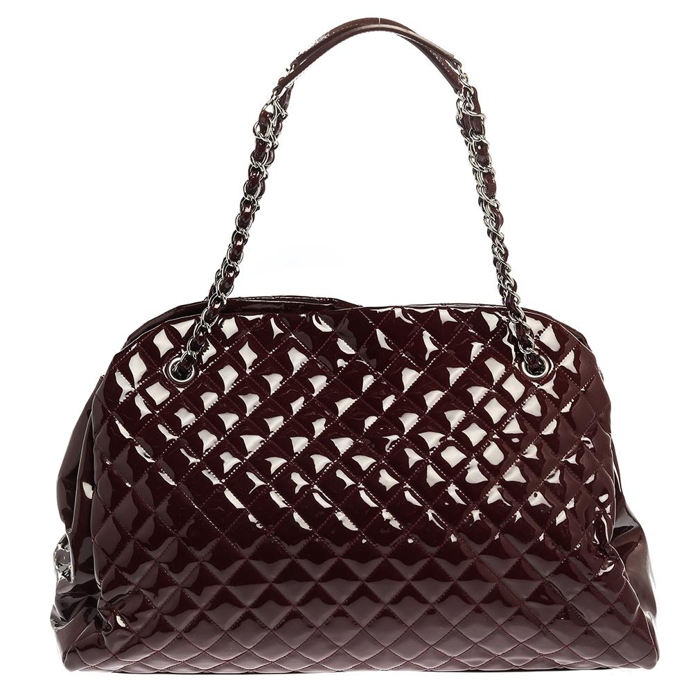 Black Chanel Burgundy Quilted Patent Leather Large Just Mademoiselle Bowler Bag