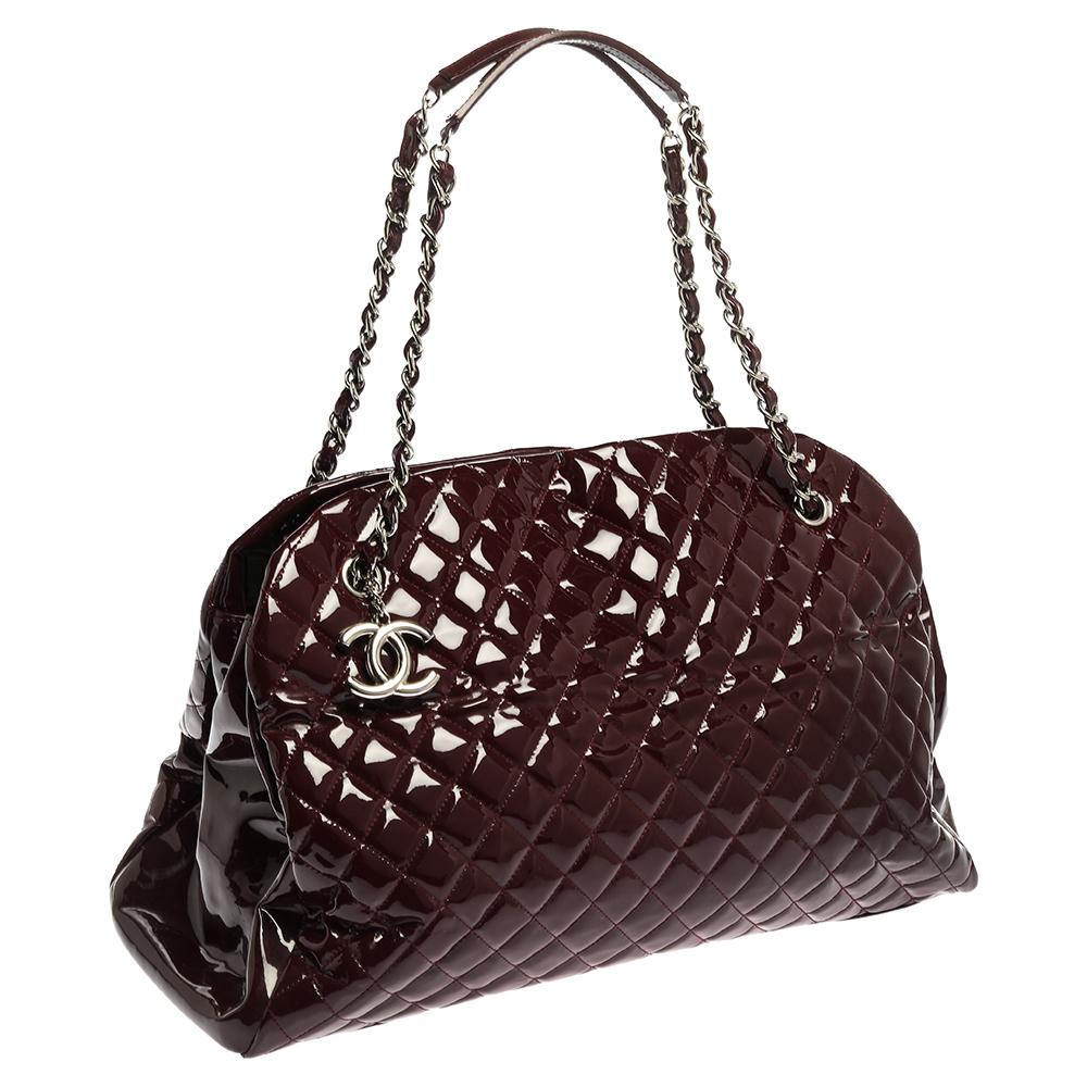 Chanel Burgundy Quilted Patent Leather Large Just Mademoiselle Bowler Bag In Good Condition In Dubai, Al Qouz 2